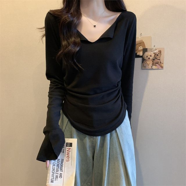 Red V -neck long -sleeved T -shirt bottoming shirt female autumn large ...