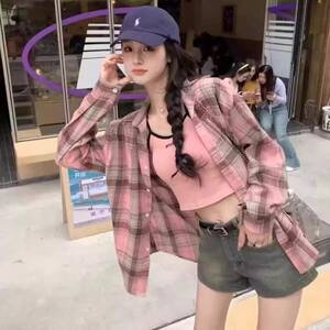 
[New] Korean style hiphop contrast plaid long-sleeved shirt loose lazy style versatile jacket qy