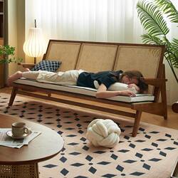French-Style Vintage Sofa, Solid Wood and Rattan, for Home Use, Straight-Row, Two or Three-Seater, Suitable for Winter and Summer, for Living Room, Simple Modern Design, for Small Apartments