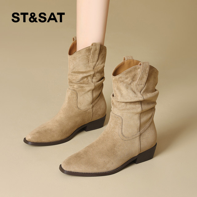 Saturday Western Cowboy Boots Women's 2025 Winter New Boots Short Boots Plus Velvet Pile Boots Slim Boots Knight Boots