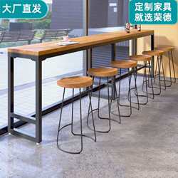 Commercial wrought iron solid wood wall-mounted high table and chair combination bar table leisure cafe milk tea shop long narrow table