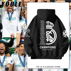 Real Madrid Football Team Co-Branded Hooded Sweatshirt for Men, Autumn and Winter Football Training Apparel, Fleece-Lined Jacket, Trendy