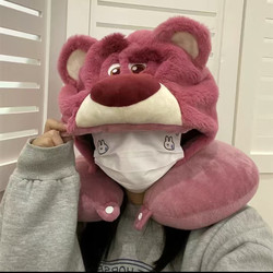 U-Shaped Pillow for Women ins Cute Strawberry Bear Nap Pillow, Sleep Aid, Light-Blocking Neck Pillow, Neck Protection Ring, Washable with Hat