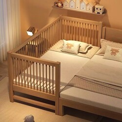Solid Wood Baby Splicing Bed, Walnut Wood Children's Bed, Baby Crib, Widened Splicing Large Bed, Children's Side Bed with Guardrails