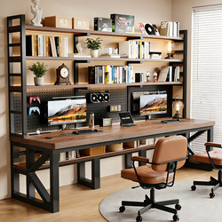 Desk and Bookshelf Integrated Table with Holes, Student Study Table, Simple Home Office Desk, Bedroom Double Computer Desk