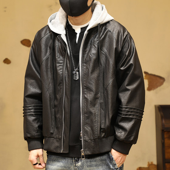 
American retro fake two-piece design PU leather jacket for men autumn new trendy brand loose hooded jacket