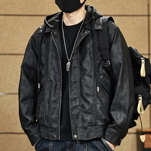 
American Lapel Hooded Leather Short Jacket Men's Retro 2026 Spring New Casual Maillard Motorcycle Jacket