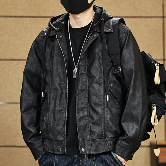 
American Lapel Hooded Leather Short Jacket Men's Retro 2026 Spring New Casual Maillard Motorcycle Jacket