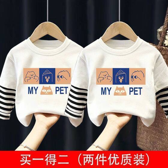 
Boys and girls long-sleeved T-shirts, fashionable autumn clothes, new children's spring and autumn tops, baby Korean style foreign style fake two-piece shirts
