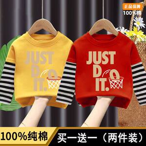 
100% pure cotton spring and autumn children's clothing for boys and girls, long-sleeved T-shirts for children, fake two-piece tops, children's bottoming shirts