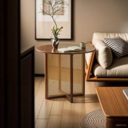 New Chinese dining table solid wood household round table small apartment homestay log rattan round tea table retro coffee table