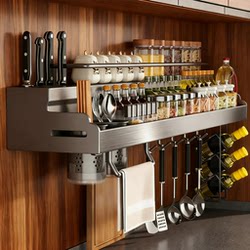 Kitchen Condiment Storage Rack Wall-Mounted Multi-Functional Spice Rack Knife Holder No-Drill Oil and Salt Seasoning Storage Rack