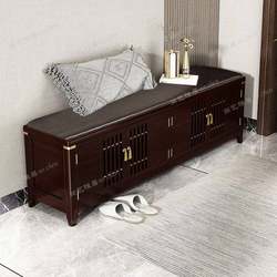 New Chinese-Style Shoe Cabinet with Seating, Solid Wood and Genuine Leather, Breathable Door, Fully Assembled Shoe Storage Cabinet