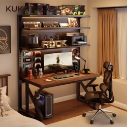 Kuka Home Perforated Board Computer Desk with Floor Storage Rack, Home Desk and Bookshelf Integrated Double Desktop Gaming Desk