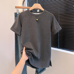 Gray High-End Mid-Length Slit Brushed Short-Sleeve T-Shirt for Women, Autumn and Winter 2025, Stylish, Loose, Slimming Top, Trendy