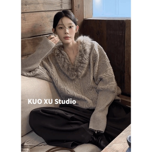 
Autumn wear gray furry V-neck pullover sweater, lazy temperament sweater, loose wide-leg pants suit for women
