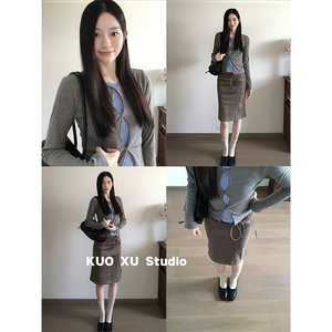 
American design hollow fake two-piece slim-fitting polka-dot long-sleeved top retro straight hip-covering skirt suit for women