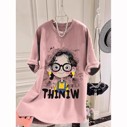 Overseas Special Clearance Sale~ Foreign Trade Discount Korean Style Slimming Cartoon Girl Casual Women's Pure Cotton Short-Sleeve T-Shirt Plus Size