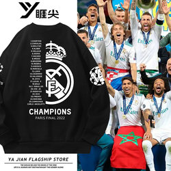Real Madrid Football Team Co-Branded Sweatshirt for Men, Crew Neck, Autumn and Winter Style, Football Sports Merchandise, Fleece-Lined and Thickened Jacket, Trendy