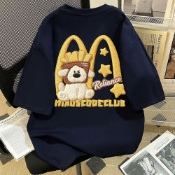 Heavyweight Pure Cotton Short-Sleeve T-Shirt for Men and Women, Summer Personalized Creative French Fries and Puppy Faux Embroidery Print, Loose Niche Top