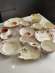 Cute and Delicate Cat-Themed Dinner Plates, Household Ceramic Rice Bowls, Girls' Dormitory Kitchen Set, High Aesthetic Value, High Temperature Resistant