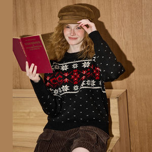 
coolhut Fair Isle retro jacquard pullover round neck comfortable lazy style soft and waxy winter women's sweater