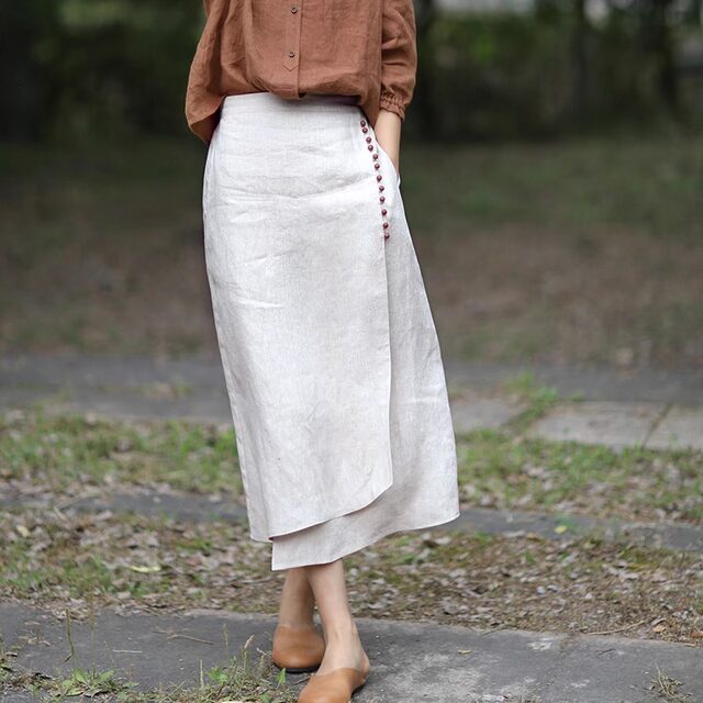 Solid color mid-length 2025 original hemp color literary irregular splicing skirt linen commuter slit A-line skirt summer
