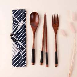 Japanese-Style Long-Handled Wrapped Thread Spoon, Fork, and Chopsticks Three-Piece Set, Wooden Outdoor Korean-Style Tableware Chopsticks Spoon Set