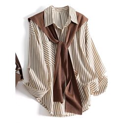 Top Brand Spring and Autumn Clearance, Cut-Label Foreign Trade Women's Clothing, Hong Kong Style Shawl, Striped Plaid Shirt, Casual Long-Sleeve Top