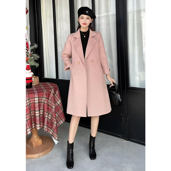 
ASY/2025 Autumn and Winter Fashionable Light Luxury Korean Style Mid-Length Coat Bright Silk Double-sided Woolen Coat