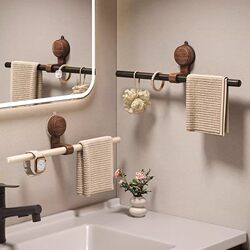 Walnut Wood Suction Cup Towel Rack for Home Use, No-Drill Bathroom Towel Bar, Single Rod Bath Towel Hanging Rack