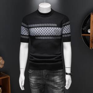 
2026 autumn and winter round neck short-sleeved cardigan men's slim youth pullover printed sweater half-sleeved trendy sweater