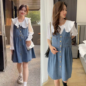 
Pregnant women spring and summer suit denim suspender skirt A-line vest shirt work two N piece set Internet celebrity petite maternity wear