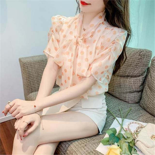 Hong Kong style polka dot chiffon shirt bow streamer bead button literary shirt women short-sleeved printed scarf collar floral
