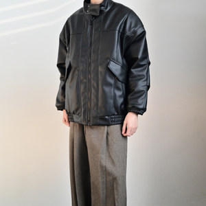 233UNIT美式复古机车荔枝纹皮衣棉服男宽松加厚痞帅皮棉衣外套潮