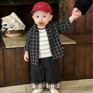 
New spring clothes for baby boys, handsome children, western-style plaid casual shirts, long-sleeved T-shirts, fashionable jeans