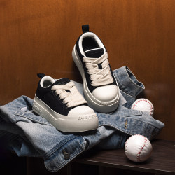 3Unbind Hao Yiran's Same Style Black and White Versatile Large-Toe Denim Canvas Shoes with Thick Soles, Height-Increasing, Wear-Resistant Casual Sneakers