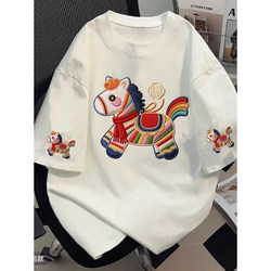 Brand Store~ Overseas Return of Chinese-Style Casual Year of the Horse New Loose-Fitting Versatile Niche Design Short-Sleeve T-Shirt Korean