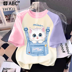 Abc Girls' Short-Sleeved T-Shirt 2026 New Summer Pure Cotton Cat Clothes for Older Girls Half-Sleeved Children's Summer Clothing