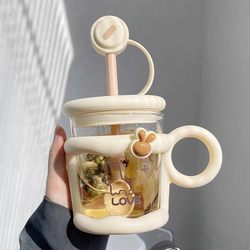 Glass Cup for Girls, High-Looking Water Cup with Straw, Mug, Coffee Cup, Milk Cup, High Borosilicate Tea Cup