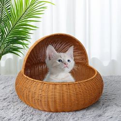 Rattan Woven Pet Bed for Home Use, Washable, Handmade Wicker Cat Nest, Semi-Enclosed, Suitable for All Seasons, Breathable in Summer