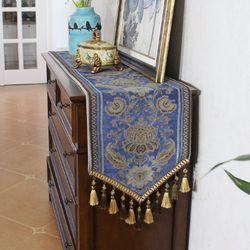 American table flag, French retro style blue living room coffee table, drawer cabinet, high-end TV cabinet, dining table decoration, long tablecloth