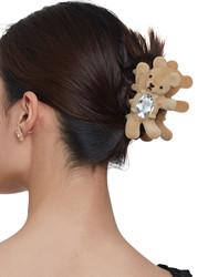 Niko Flocked Waving Bear Shark Clip, High-Value, Super Cute, Popular Wide-Edge Claw Clip, Niche Cute High Ponytail Clip