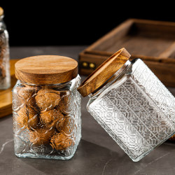Retro embossed crabapple pattern glass jar sealed jar storage bottle kitchen household grain snacks bamboo lid storage jar