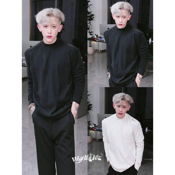 
Preface 77 Heavy double-sided German velvet right shoulder versatile basic solid color T-shirt long-sleeved round neck bottoming men's sweatshirt winter