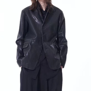 
Vegetable tanned sheepskin washed suit. Men's retro distressed casual fashion Japanese style asymmetrical leather jacket