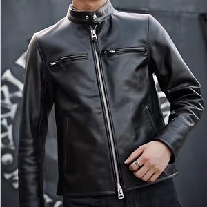 
Horsehide J100. Men's classic khaki horsehide stand-up collar straight pull slim spring and autumn fashion casual short jacket