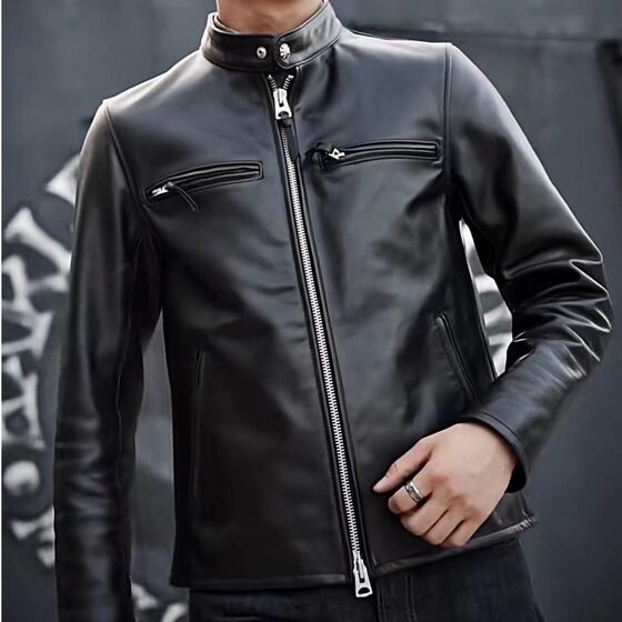 
Horsehide J100. Men's classic khaki horsehide stand-up collar straight pull slim spring and autumn fashion casual short jacket