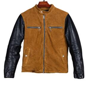 
Cow suede splicing jacket. New men's spring and autumn classic retro distressed casual motorcycle short stand collar leather jacket
