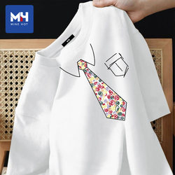 Tangshi Group Mh Star Movie Style Short-Sleeve T-Shirt for Men with Fake Tie, Trendy Brand Half-Sleeve Tee, Pure Cotton Top